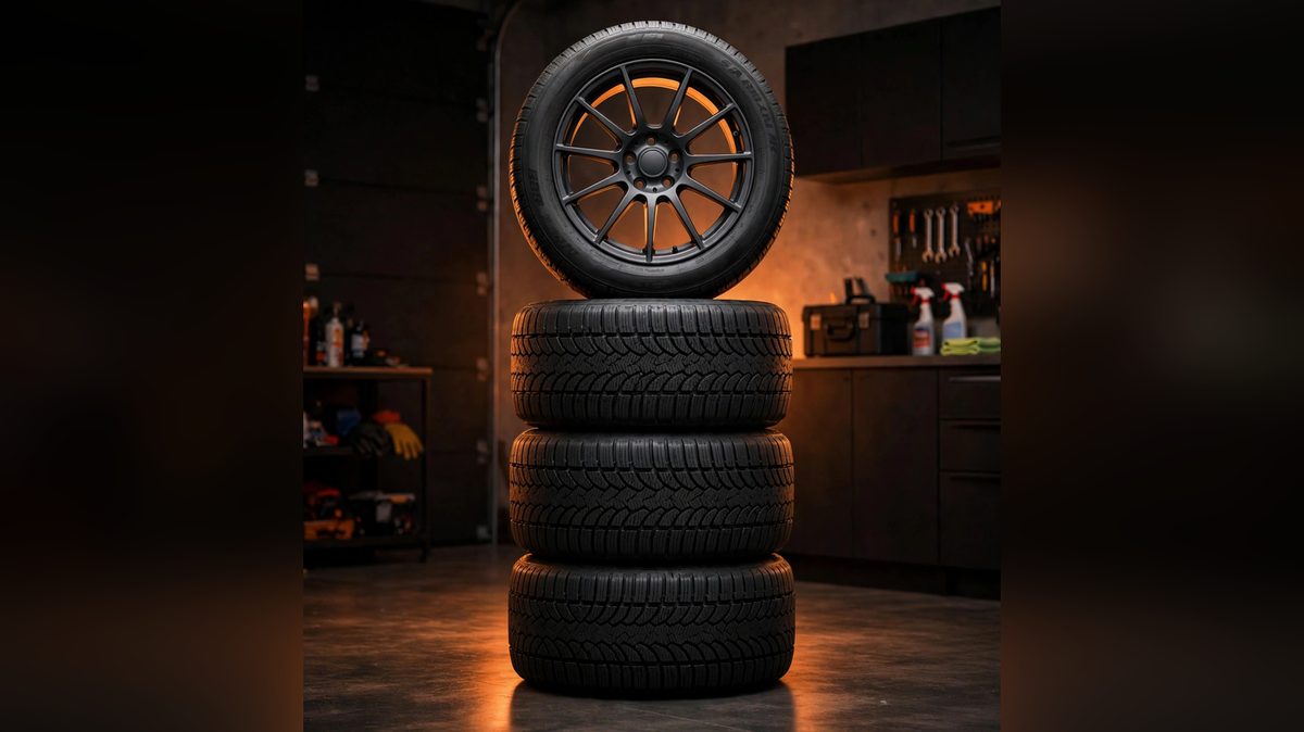 A stack of winter wheels and tires stored and ready for the season