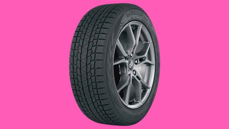Yokohama iceGUARD iG53 winter tire on a strident pink background